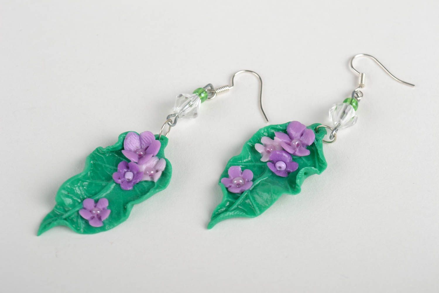 Handmade Blumen Ohrringe Designer Schmuck Accessoire für Frauen grün violett foto 3
