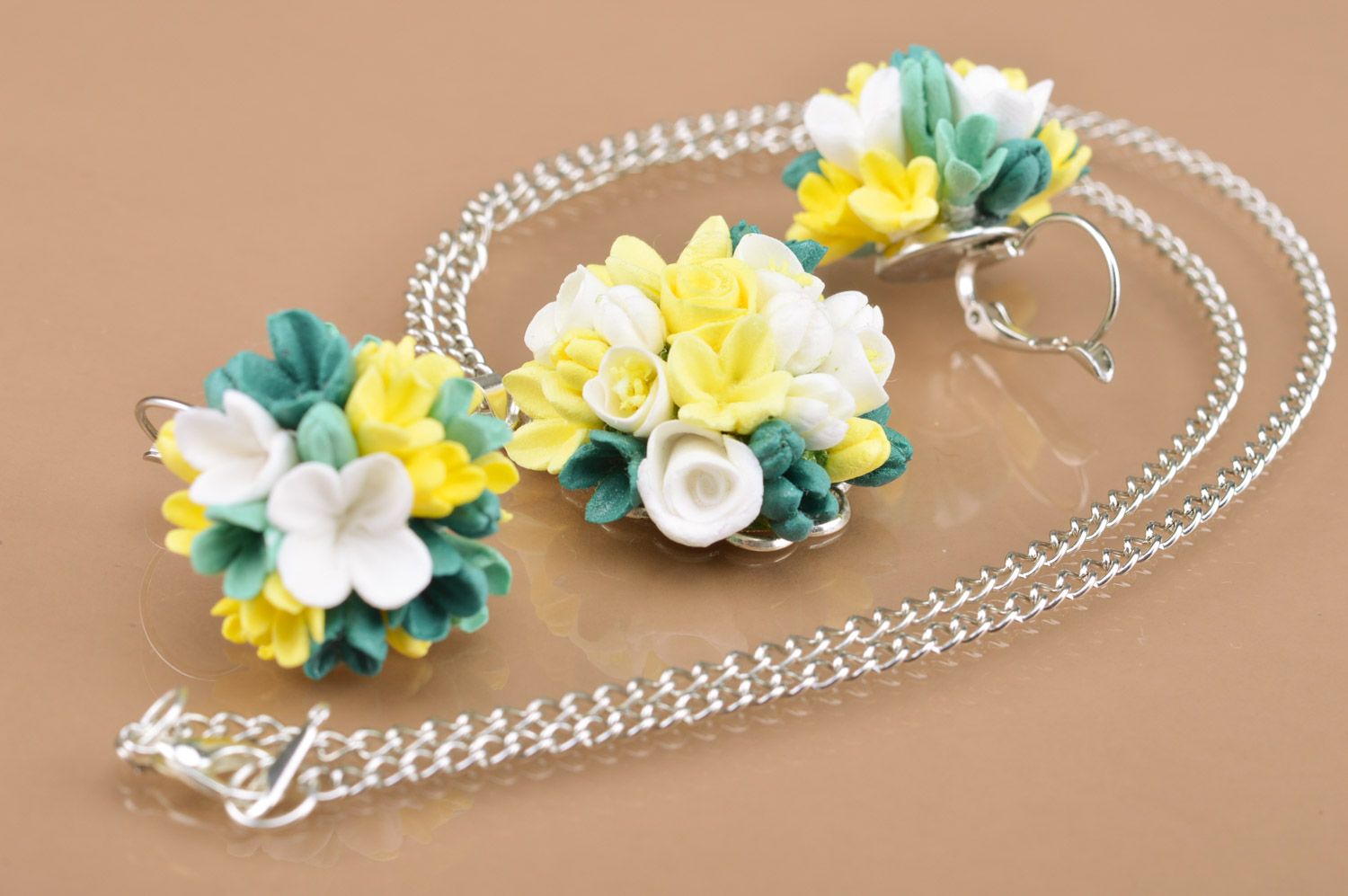 Handmade plastic flower jewelry set 2 items yellow earrings and pendant photo 2