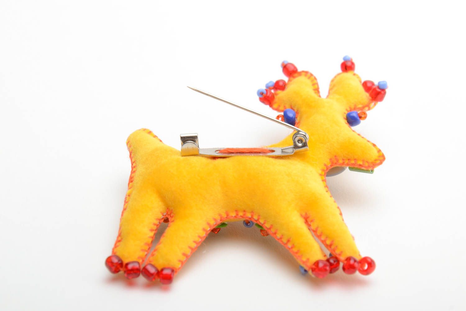 Beautiful unusual brooch in the form of deer made of velour yellow jewelry photo 3
