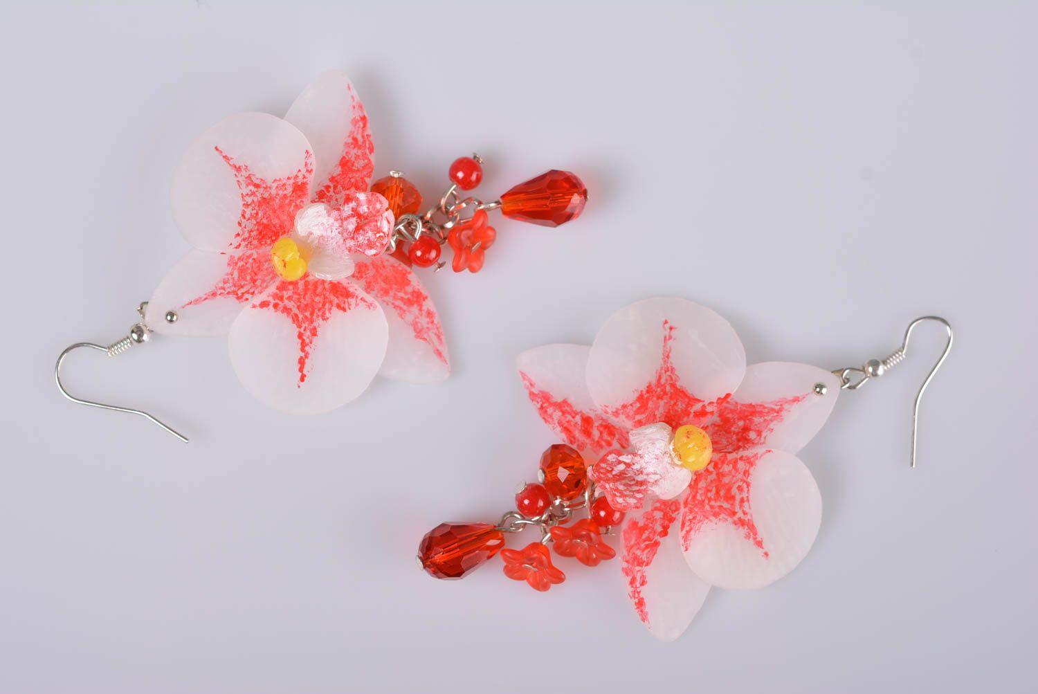 Handmade bright earrings made of polymer clay with exotic flowers photo 4