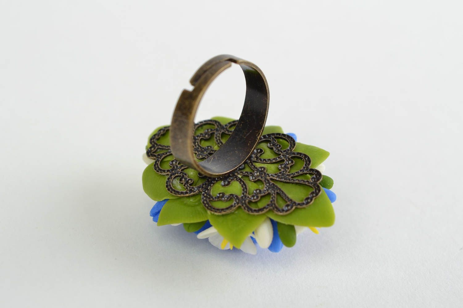 Handmade Ring mit Blumen aus kaltem Porzellan blau weiß Schmuck für Frauen foto 5