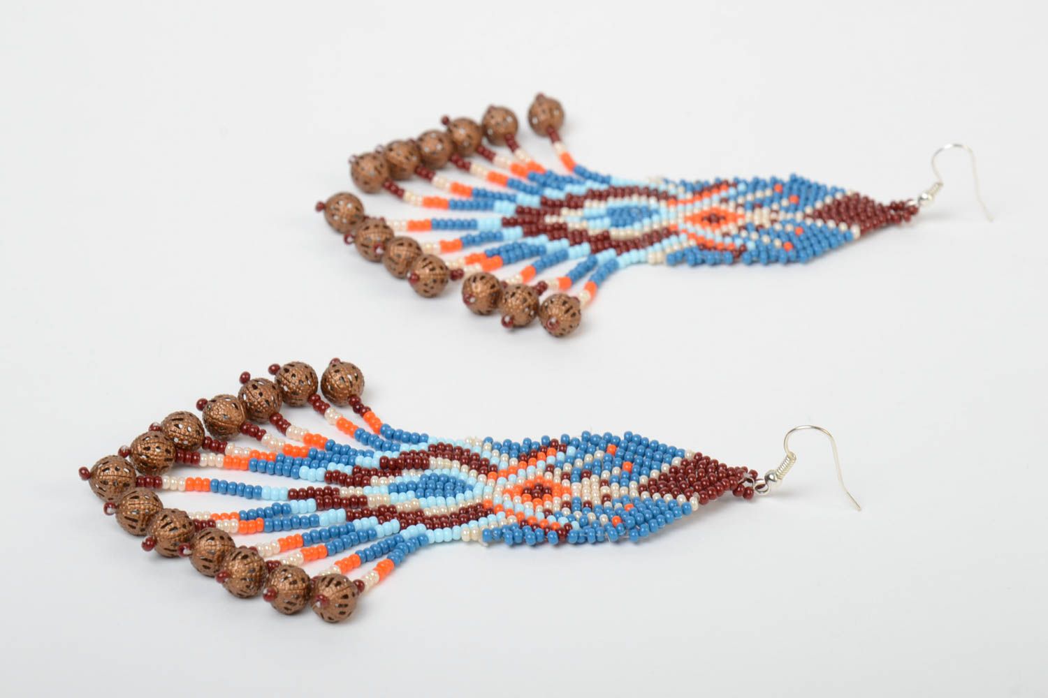 Large handmade designer long earrings with beaded fringe and ornament in ethnic style photo 3