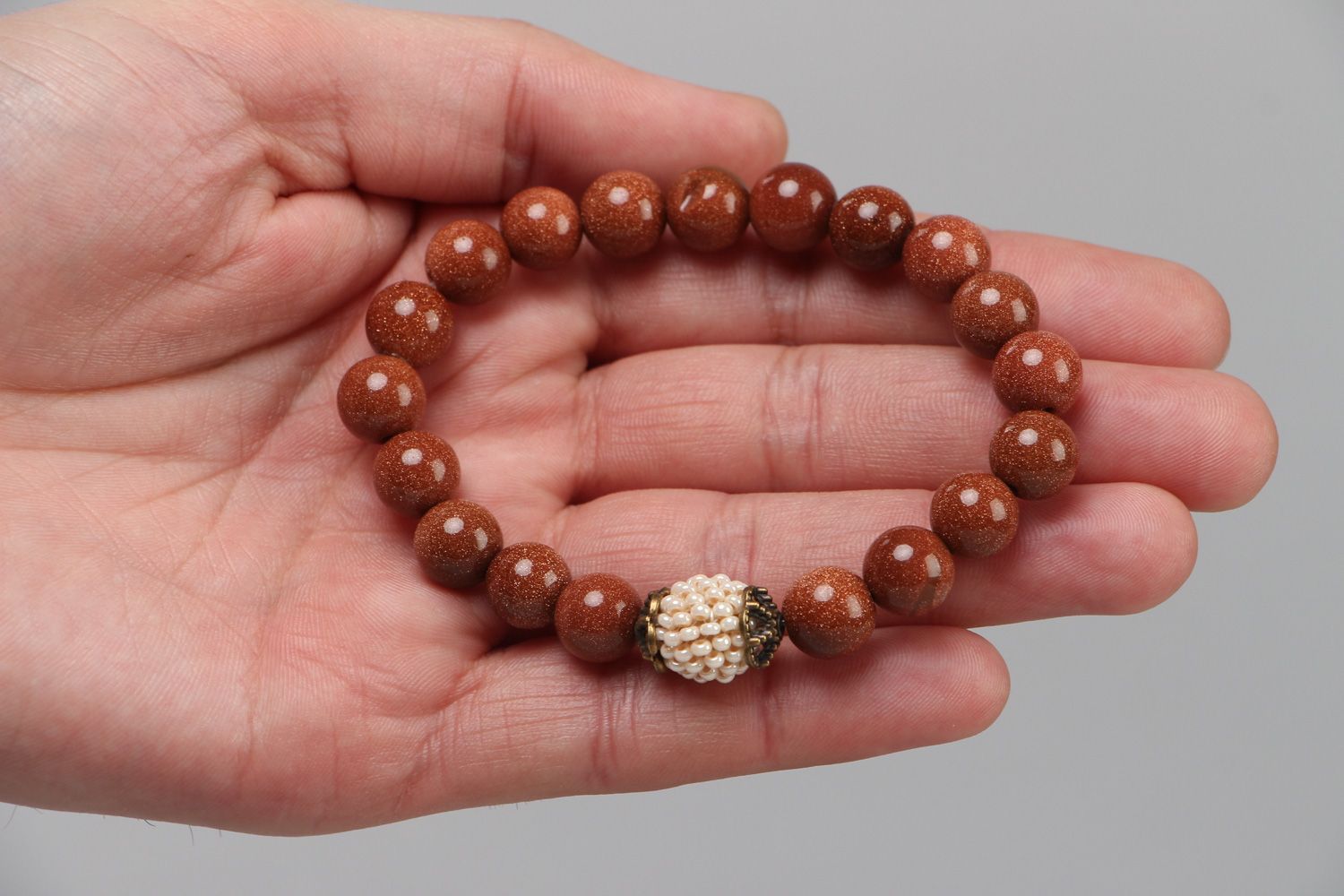 Handmade beautiful wrist bracelet with aventurine stone and Czech beads for women photo 3