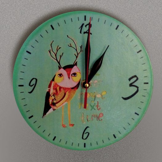Handmade decoupage wall clock of round shape with funny print of deer owl  photo 1