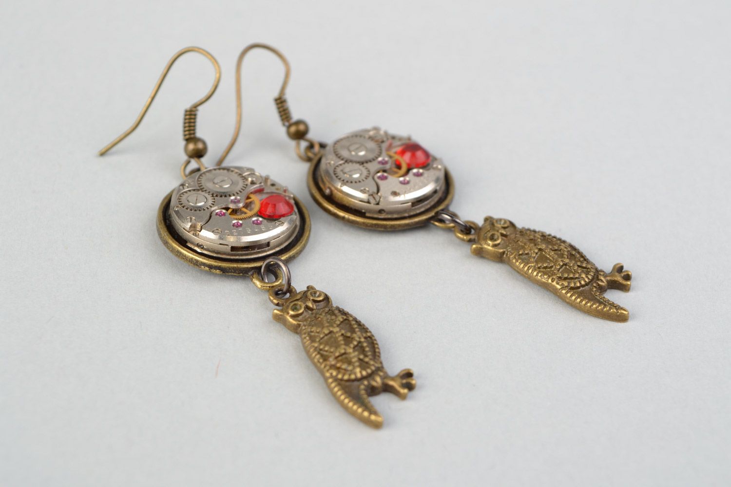 Handmade beautiful long metal dangling earrings with owls in steampunk style photo 5