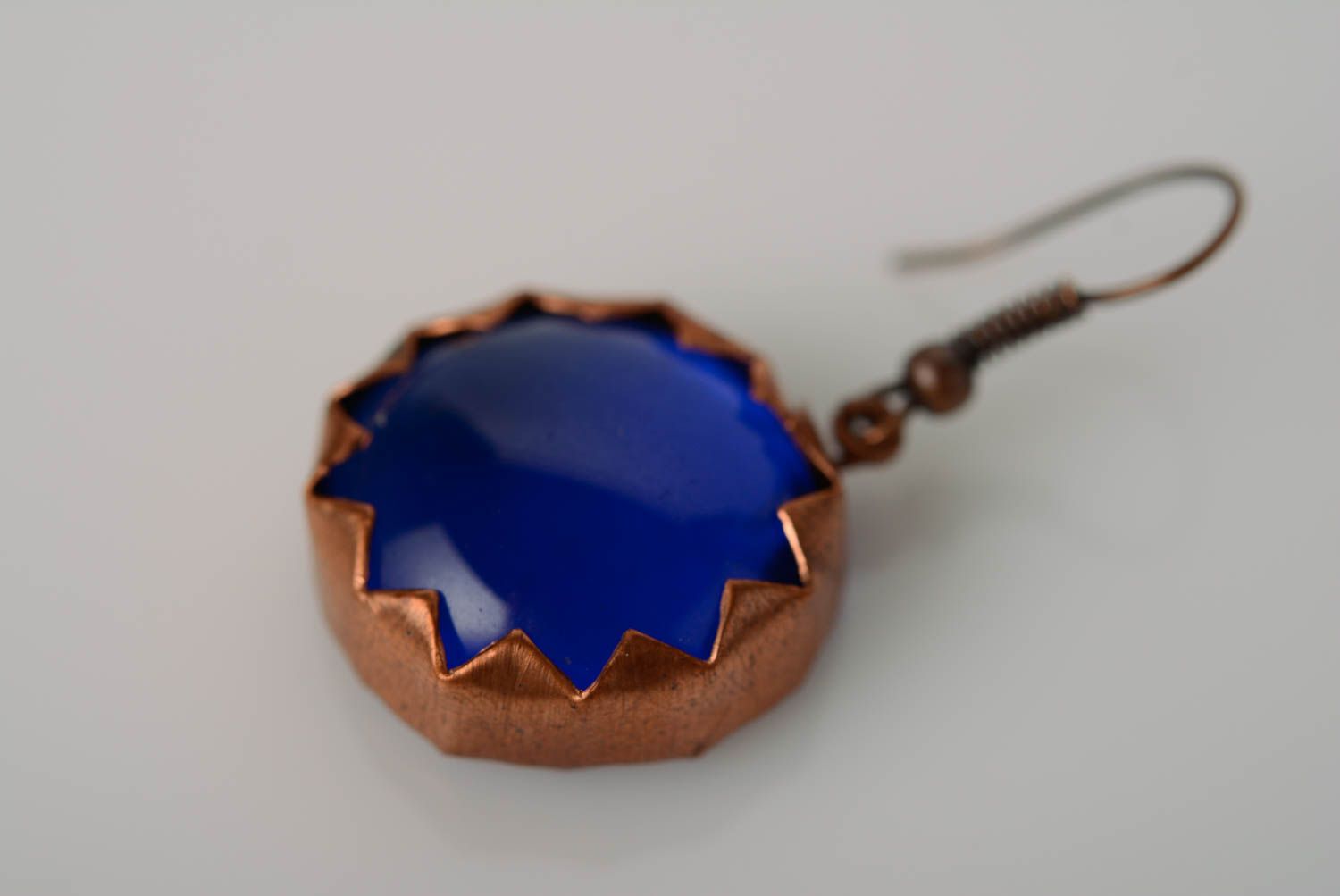 Small round handmade designer copper earrings with blue glass beads photo 4