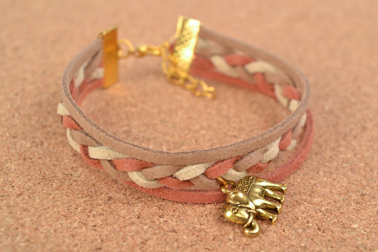 Handmade suede bracelet with charm Elephant designer woven accessory photo 1