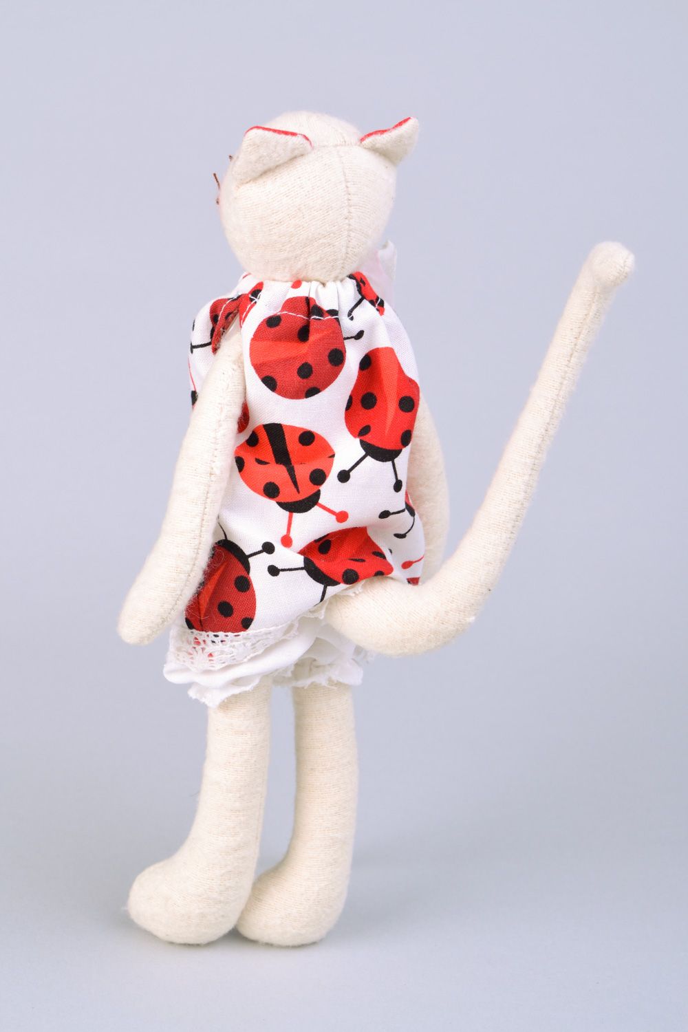 Handmade flannel fabric soft toy white cat in dress with ladybird pattern photo 5