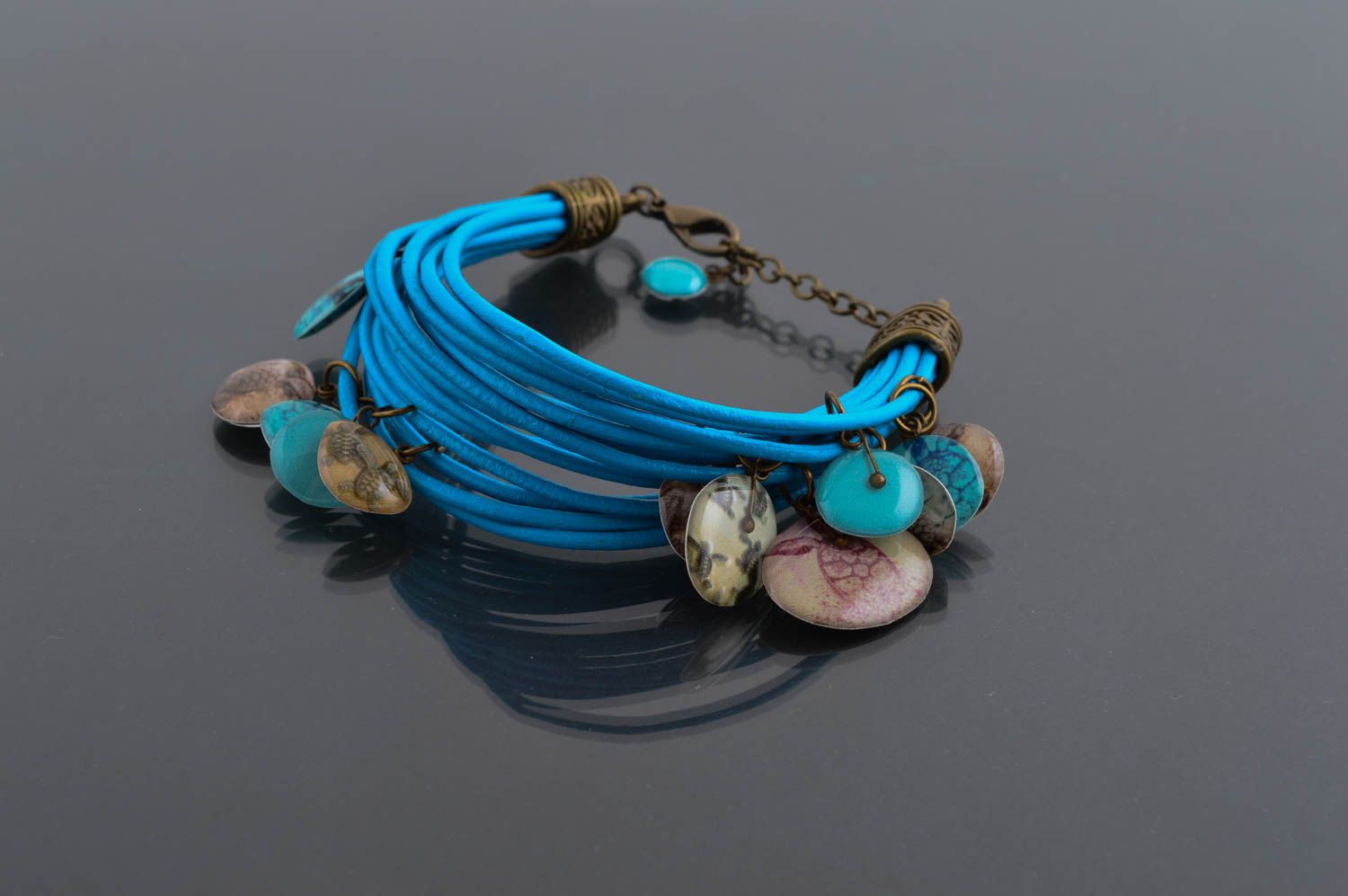 Handmade cute leather bracelet blue wrist jewelry designer stylish bracelet photo 1