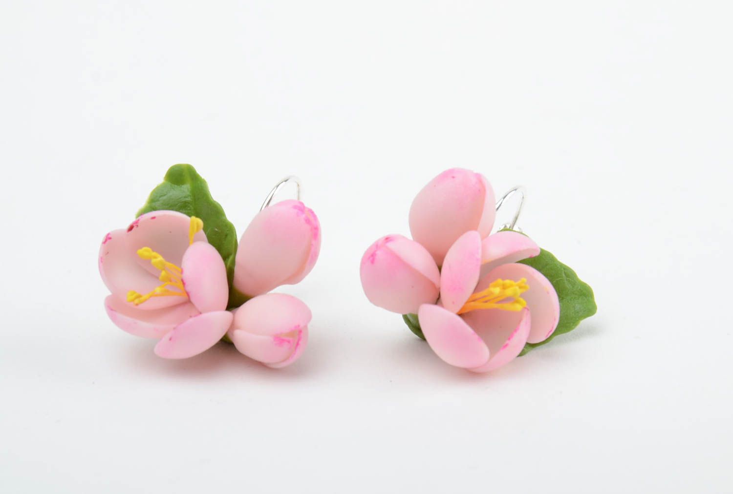 Handmade neat small earrings with tender pink cold porcelain apple flowers photo 3