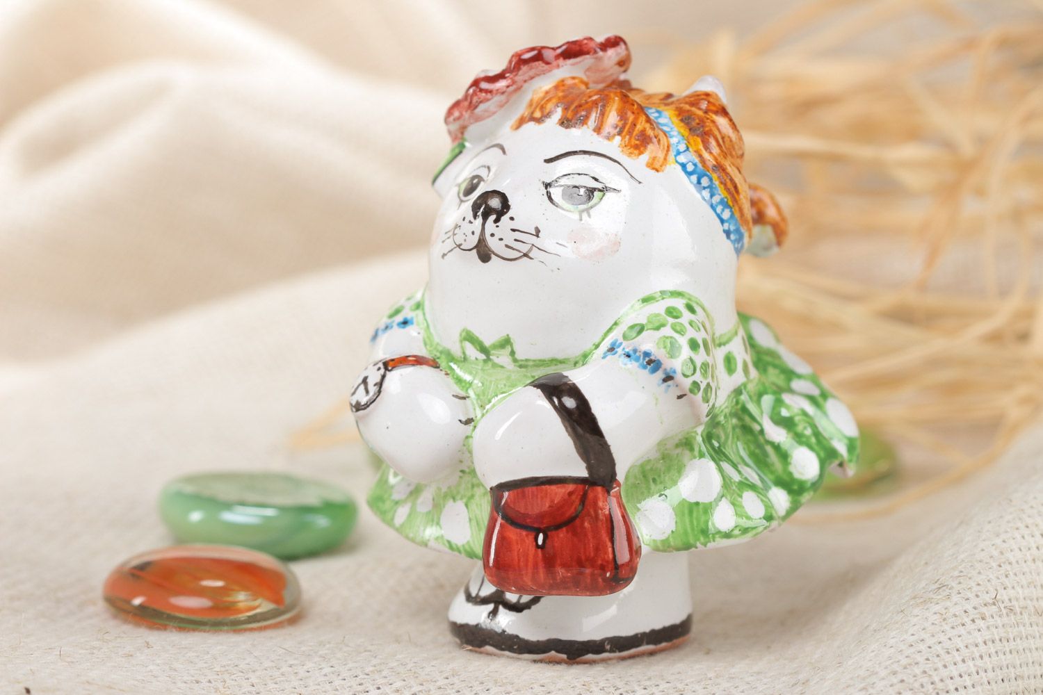 Small handmade painted ceramic figurine in the shape of charming cat photo 1