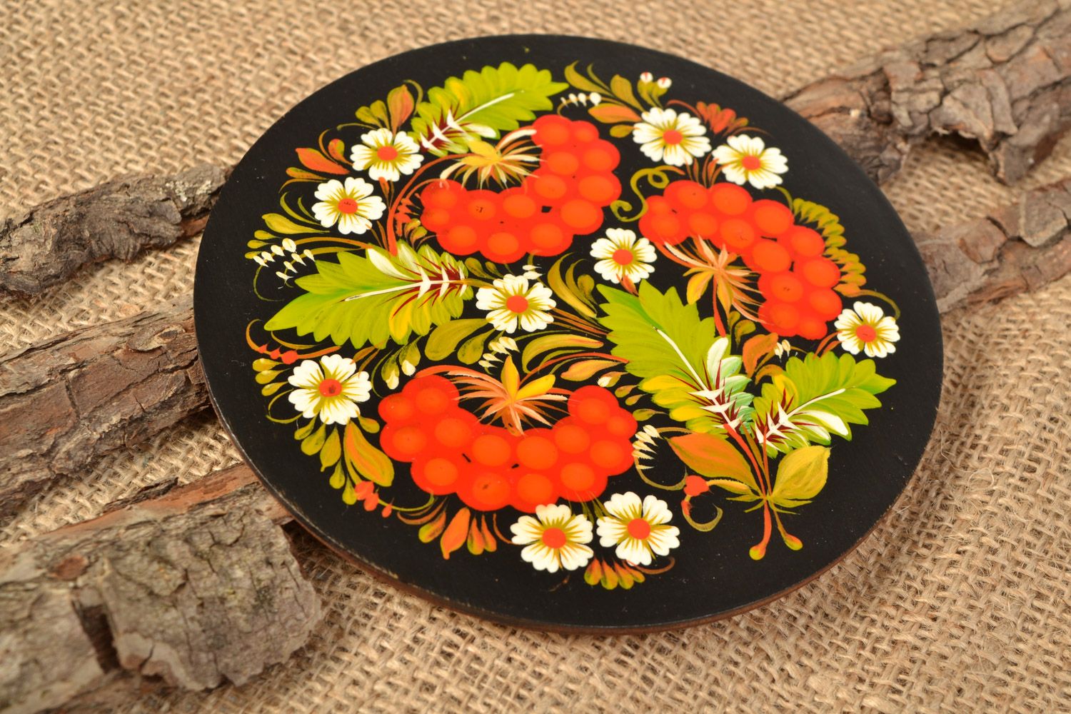 Handmade round wooden fridge magnet with Petrikov painting photo 1