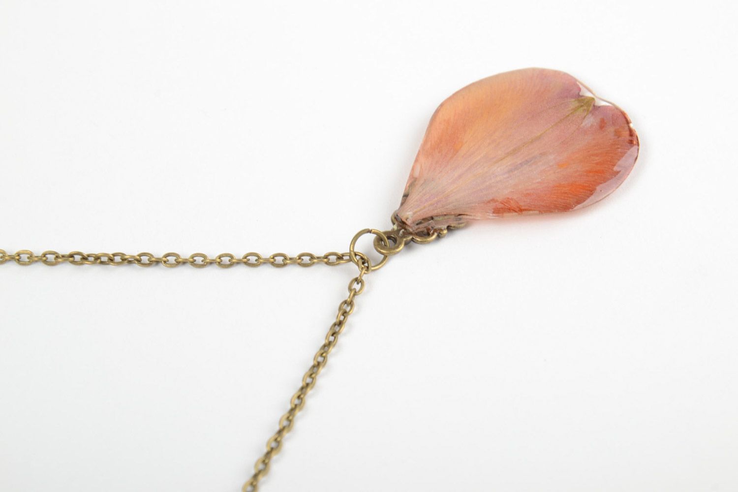 Homemade neck pendant on long chain with flower petal coated with epoxy photo 4