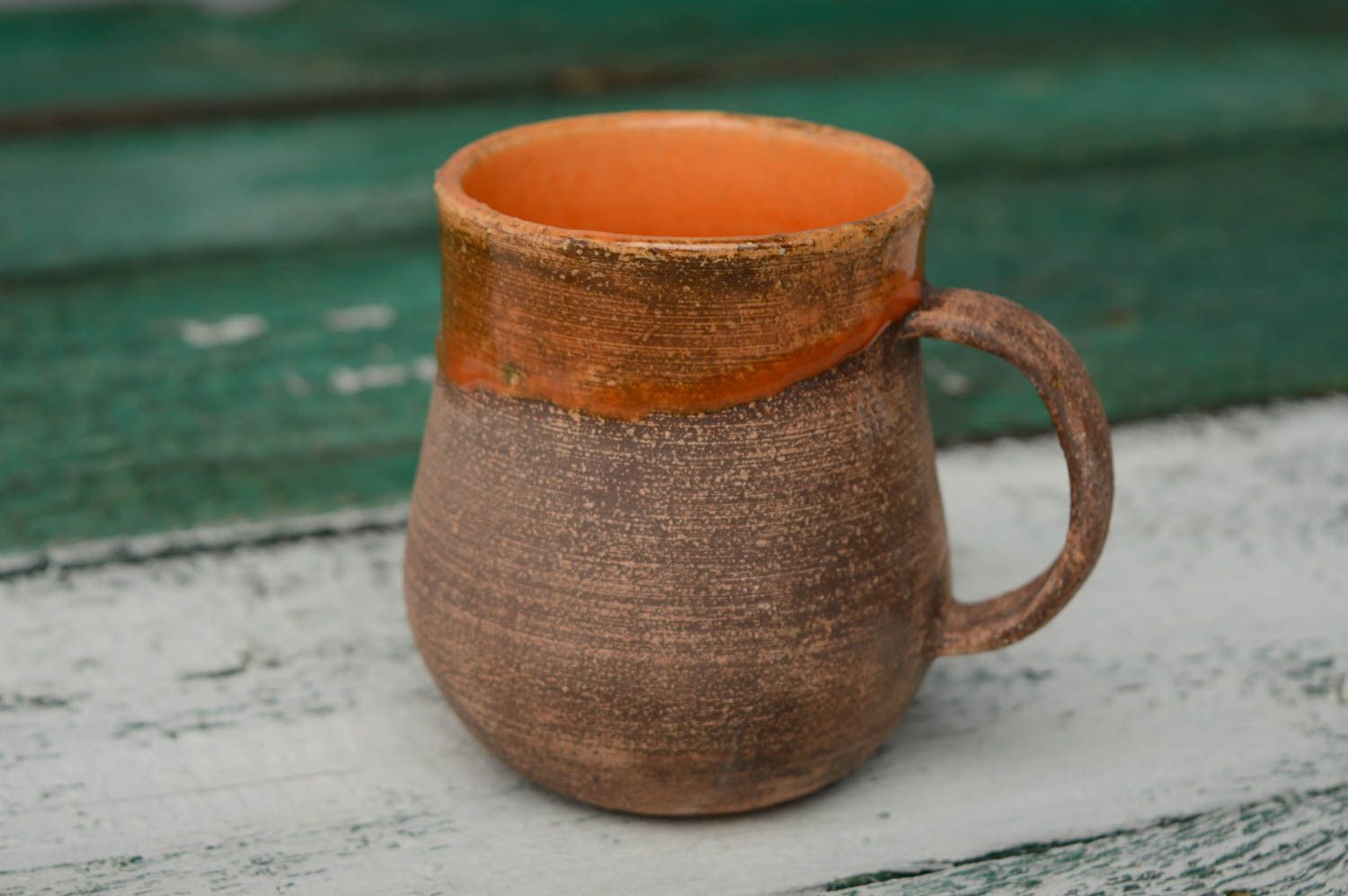 10 oz handmade rustic style design light brown and orange color clay cup with handle, glazed inside photo 2