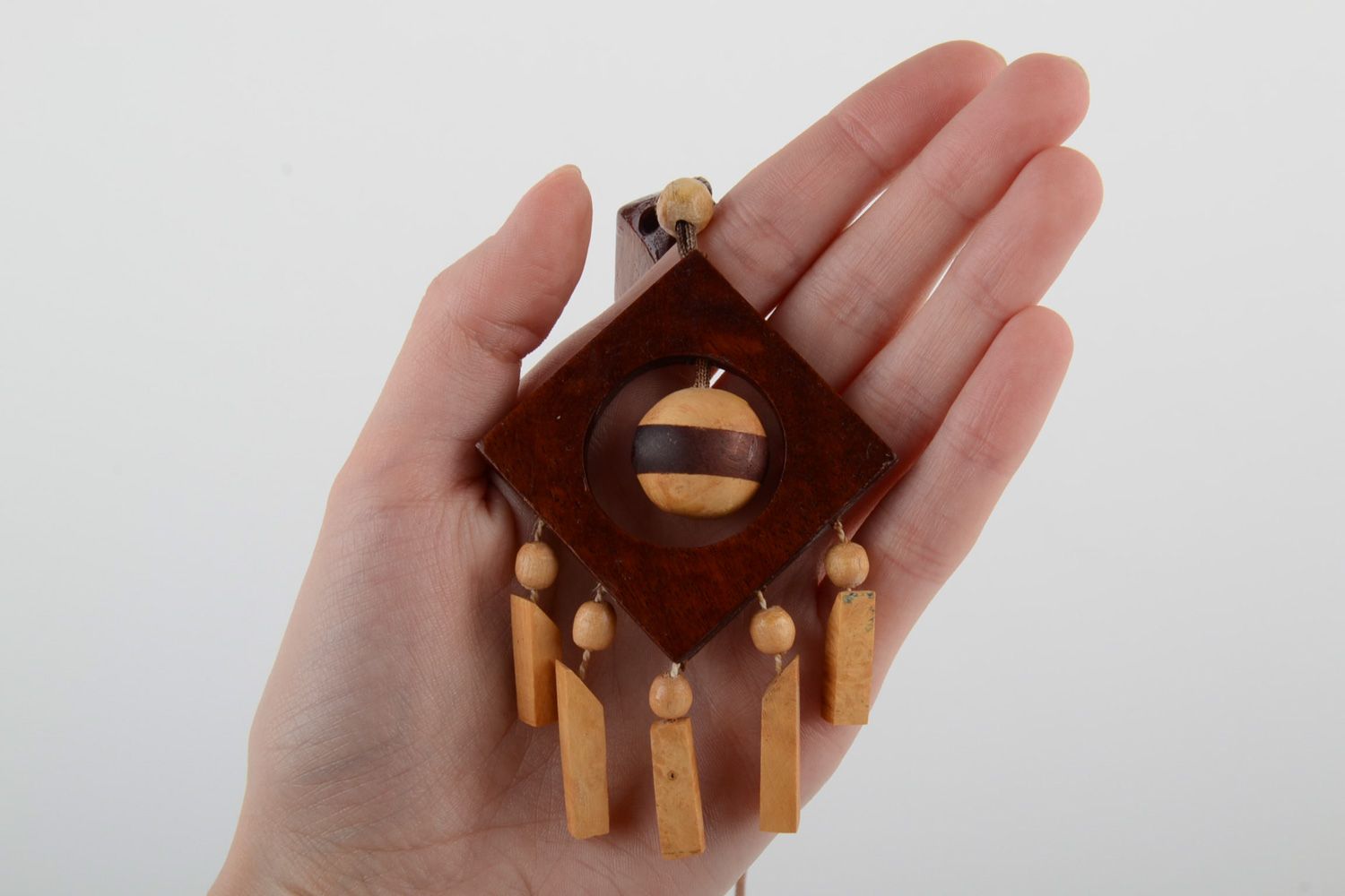 Handmade two colored neck pendant carved of wood in ethnic style for women photo 5