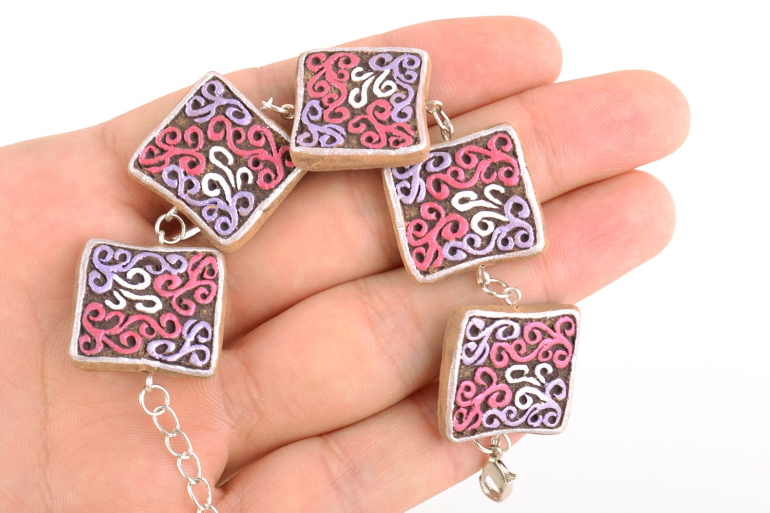 Handmade clay bracelet on chain with square elements painted with acrylics photo 2