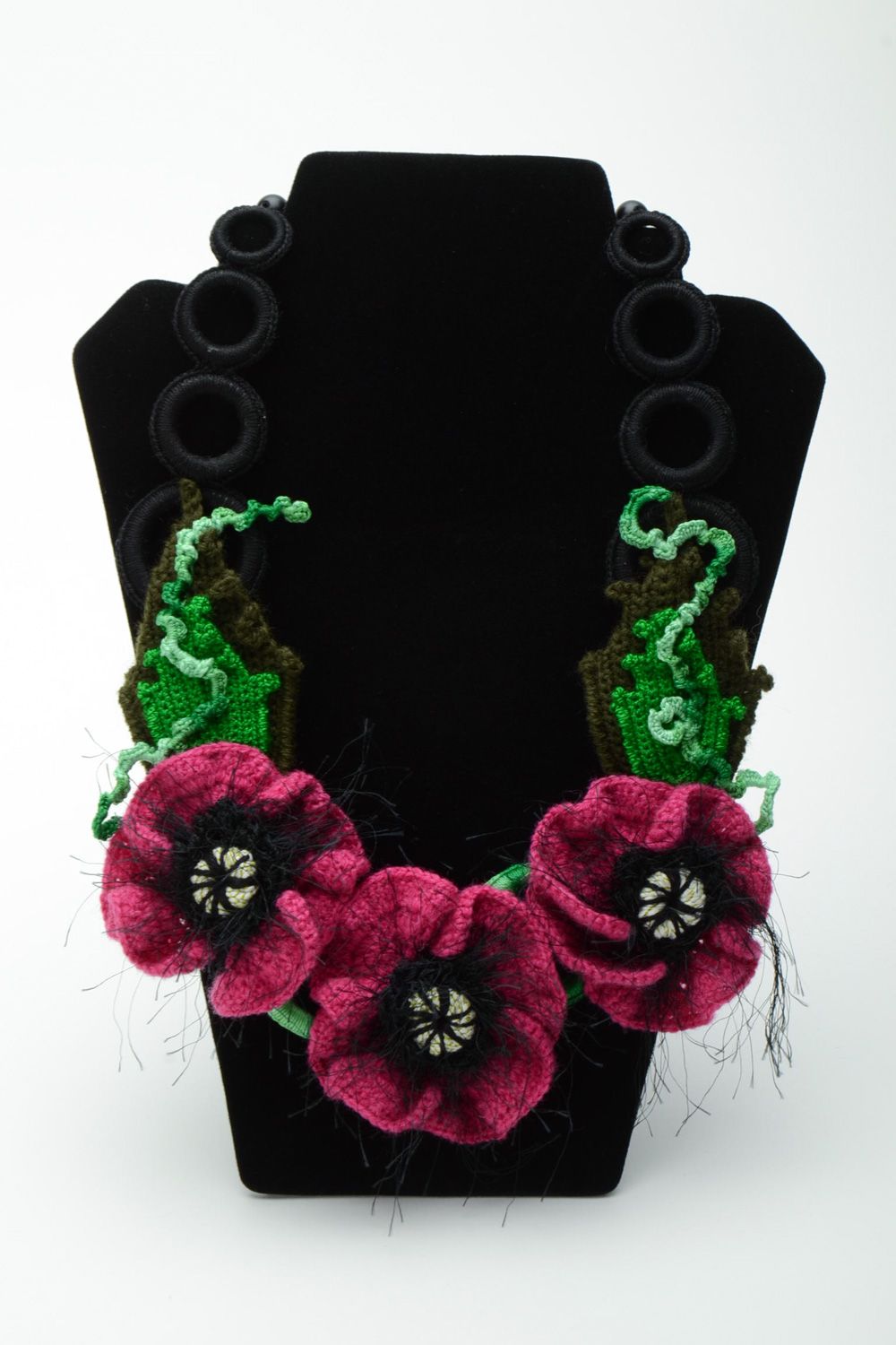 Bright handmade crochet textile flower necklace photo 1