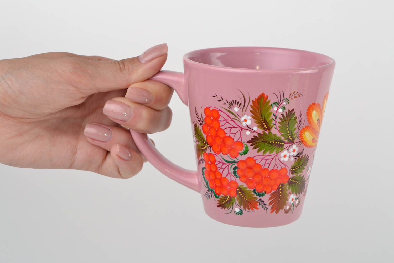 Pink ceramic teacup in Russian style with floral pattern 0,82 lb photo 2
