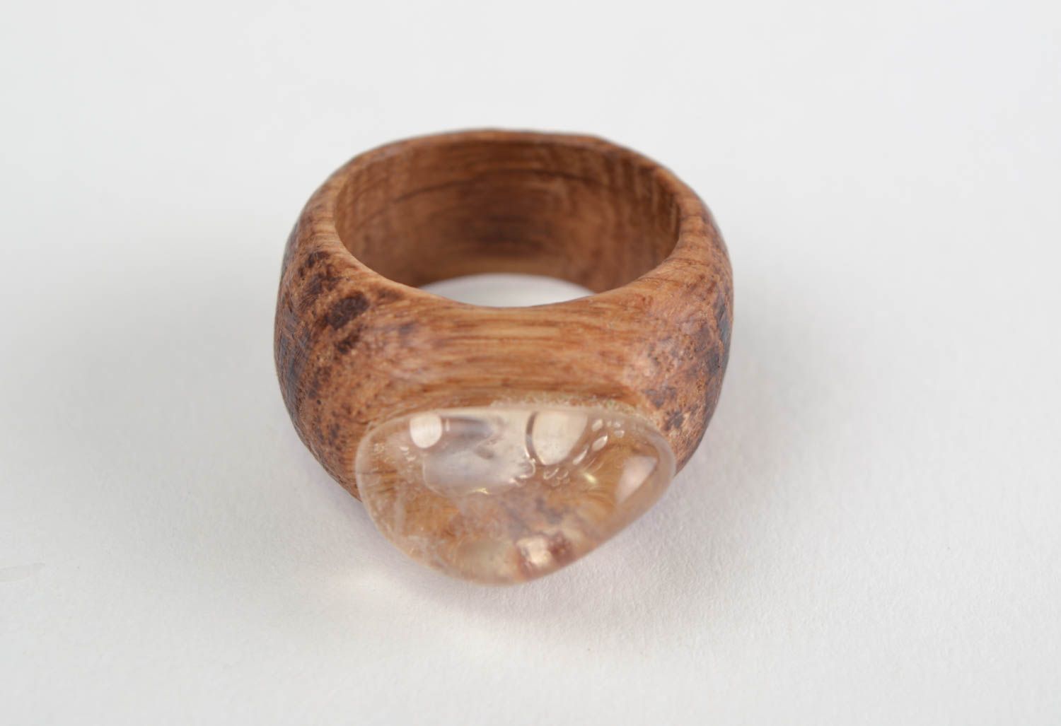 Handmade designer volume natural wooden ring with mountain crystal glass photo 3