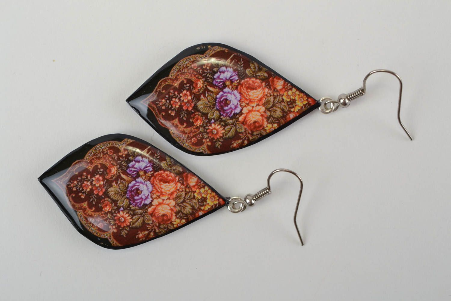 Unusual homemade designer plastic earrings with decoupage Leaves photo 3