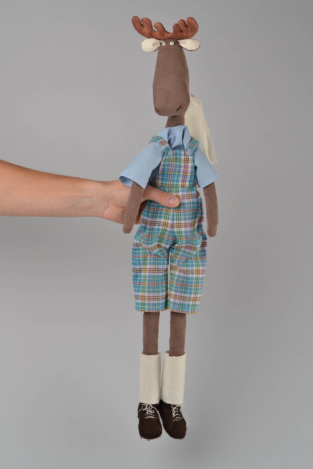 Funny handmade designer large faux suede soft toy of elk in checkered shortalls photo 2