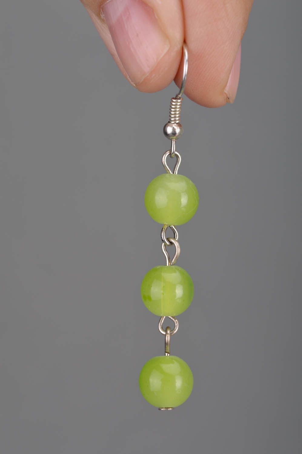 Handmade designer summer dangle earrings with tender green round beads photo 3