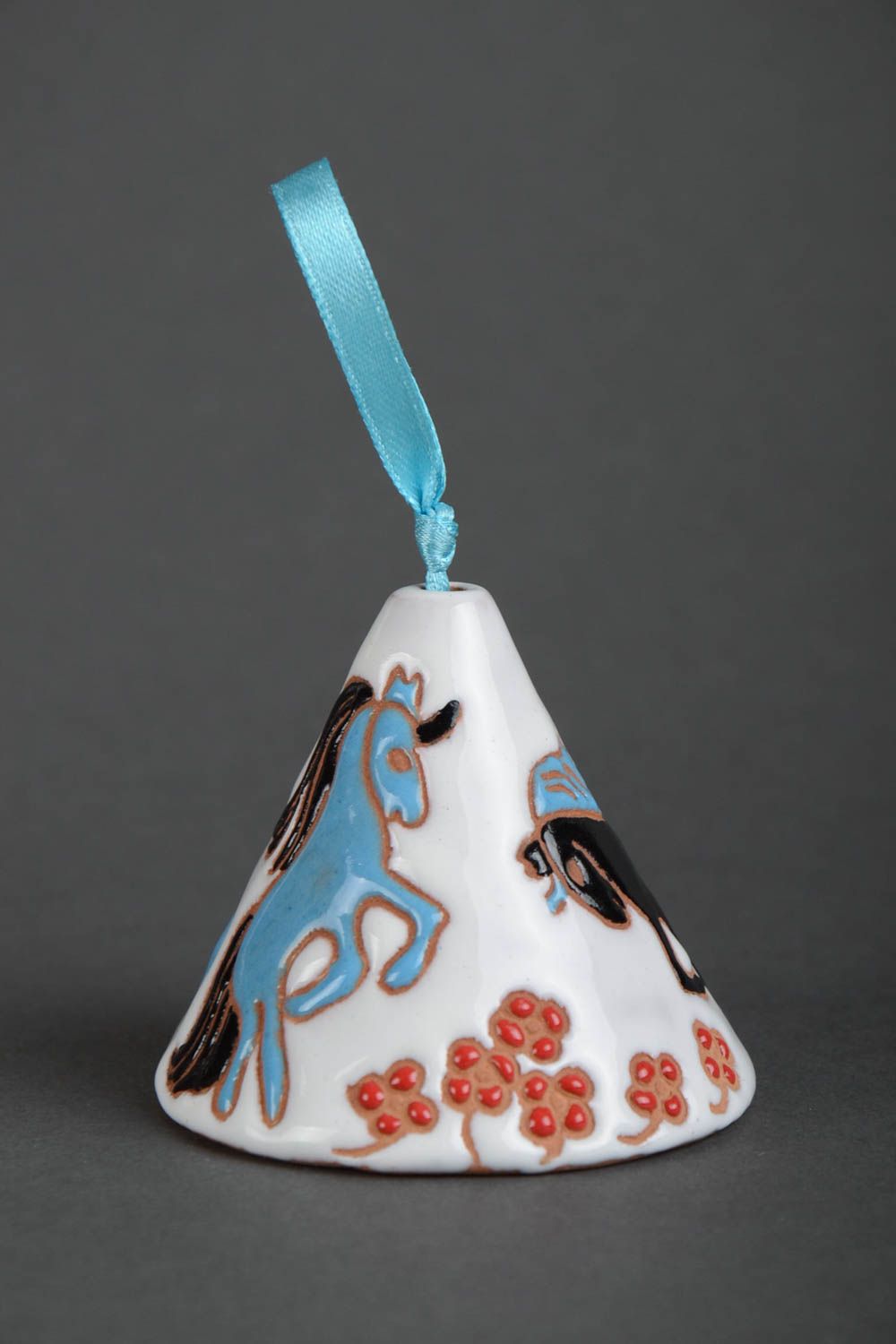 Handmade decorative hanging ceramic bell coated with glaze and enamel Horse photo 2