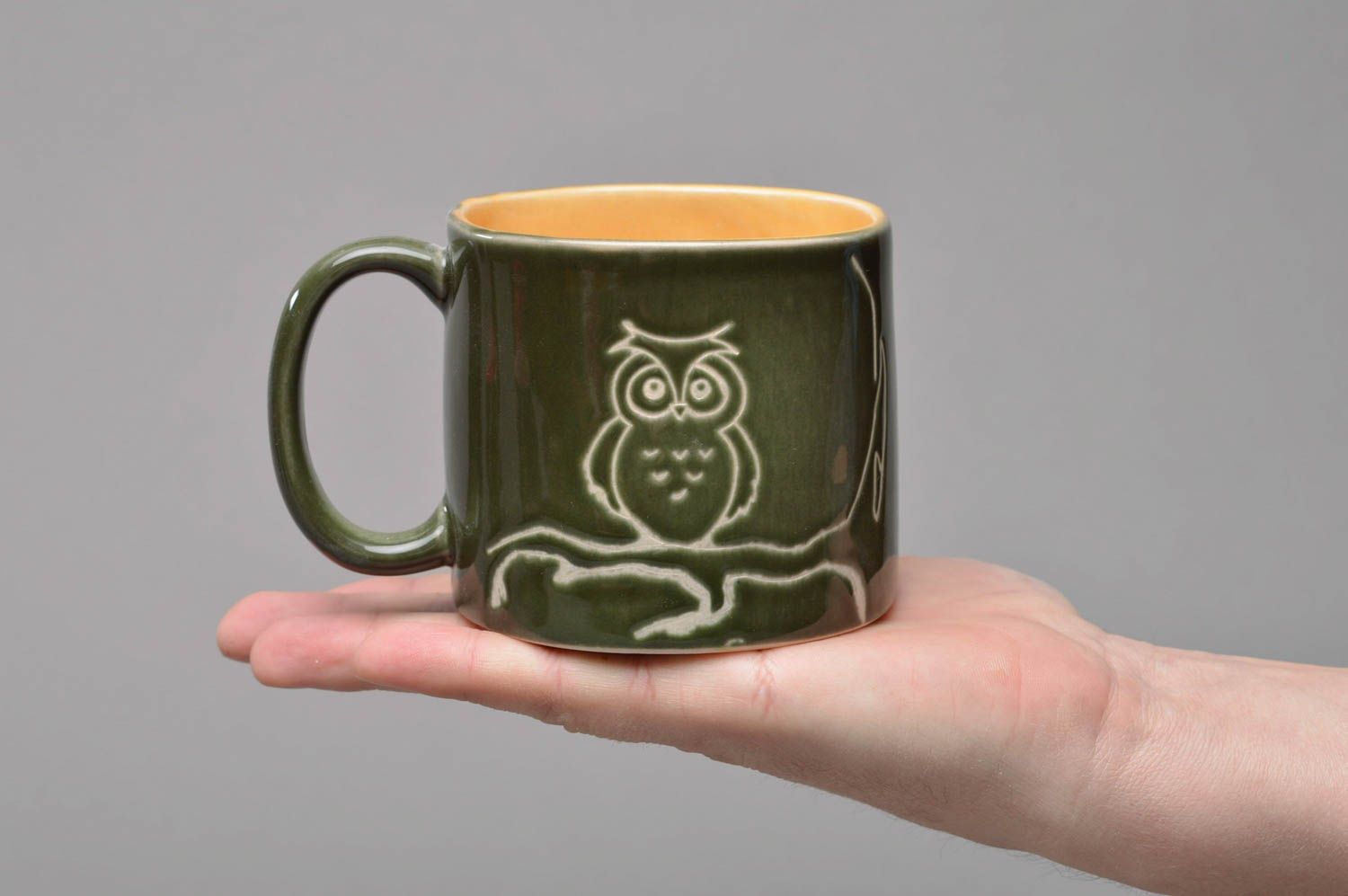 Originelle Tasse mit Aufschrift Porzellan handmade grün für Tee und Kaffee Eule foto 3