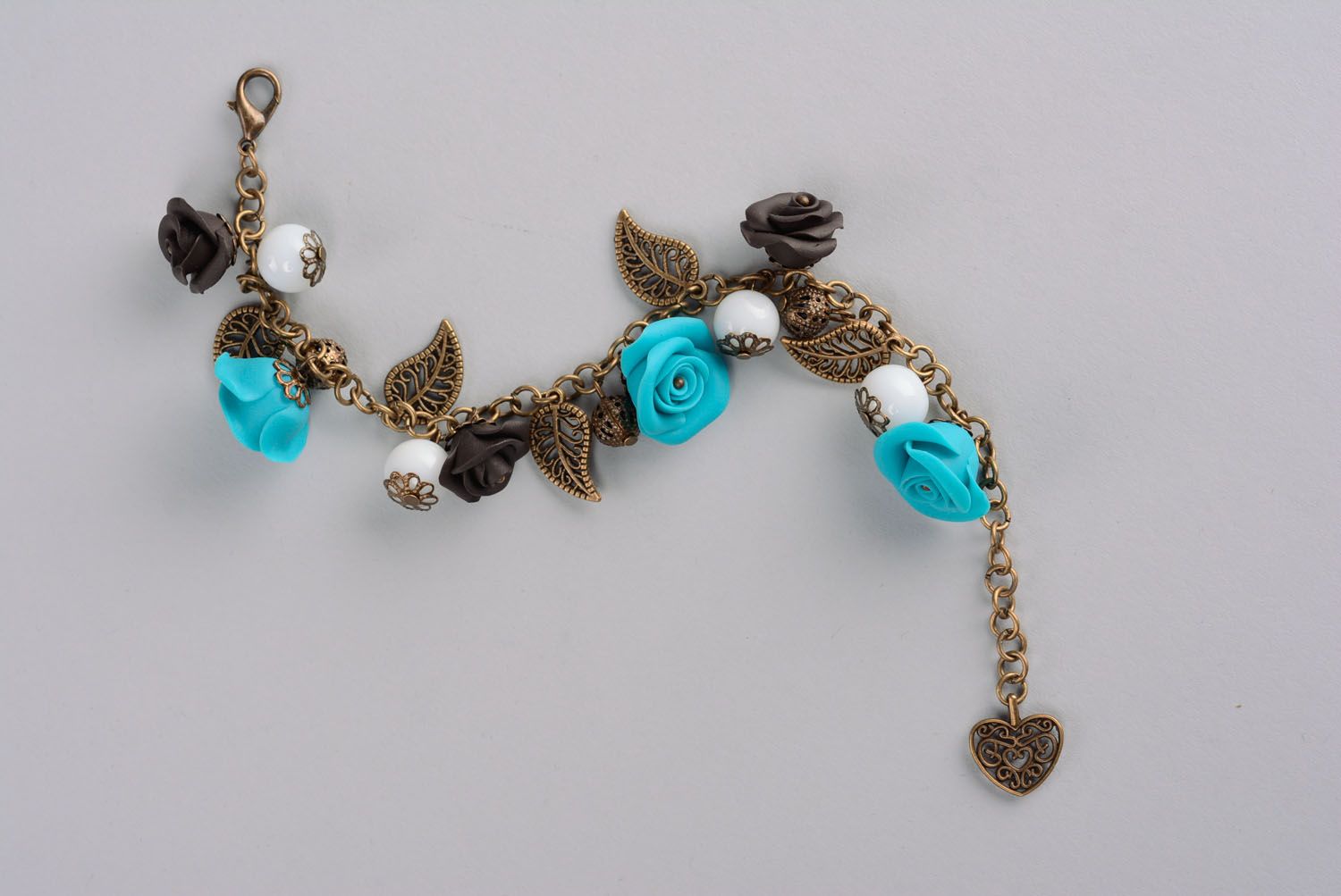 Charm bracelet with brown and turquoise roses and bronze leaves for mom photo 1