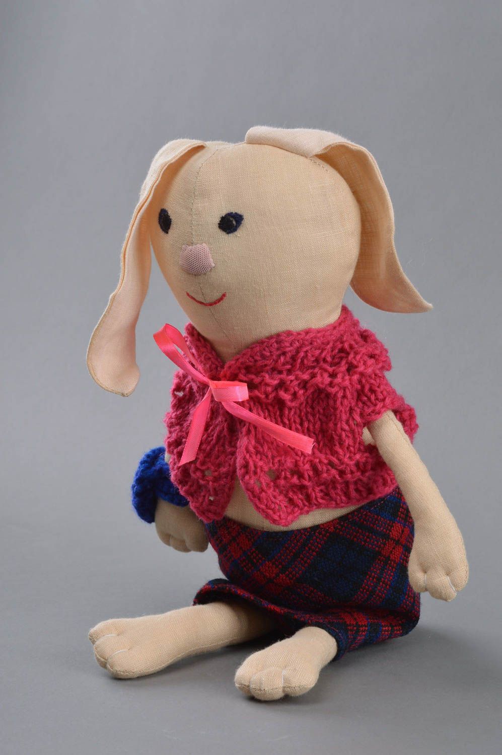 Small handmade children's fabric soft toy bunny in checkered skirt photo 3