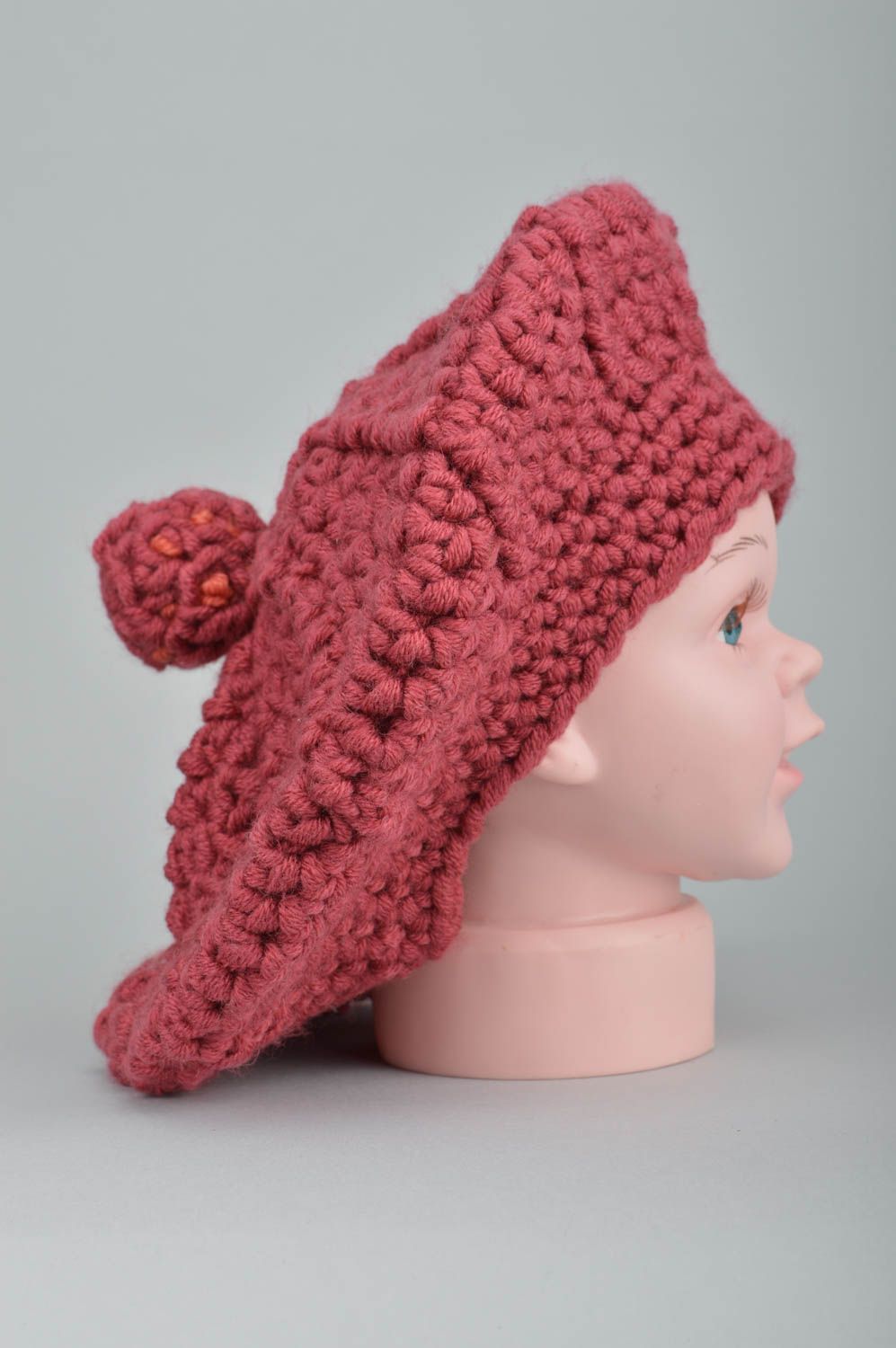 Crocheted handmade beautiful cherry color beret with pompom for children photo 4