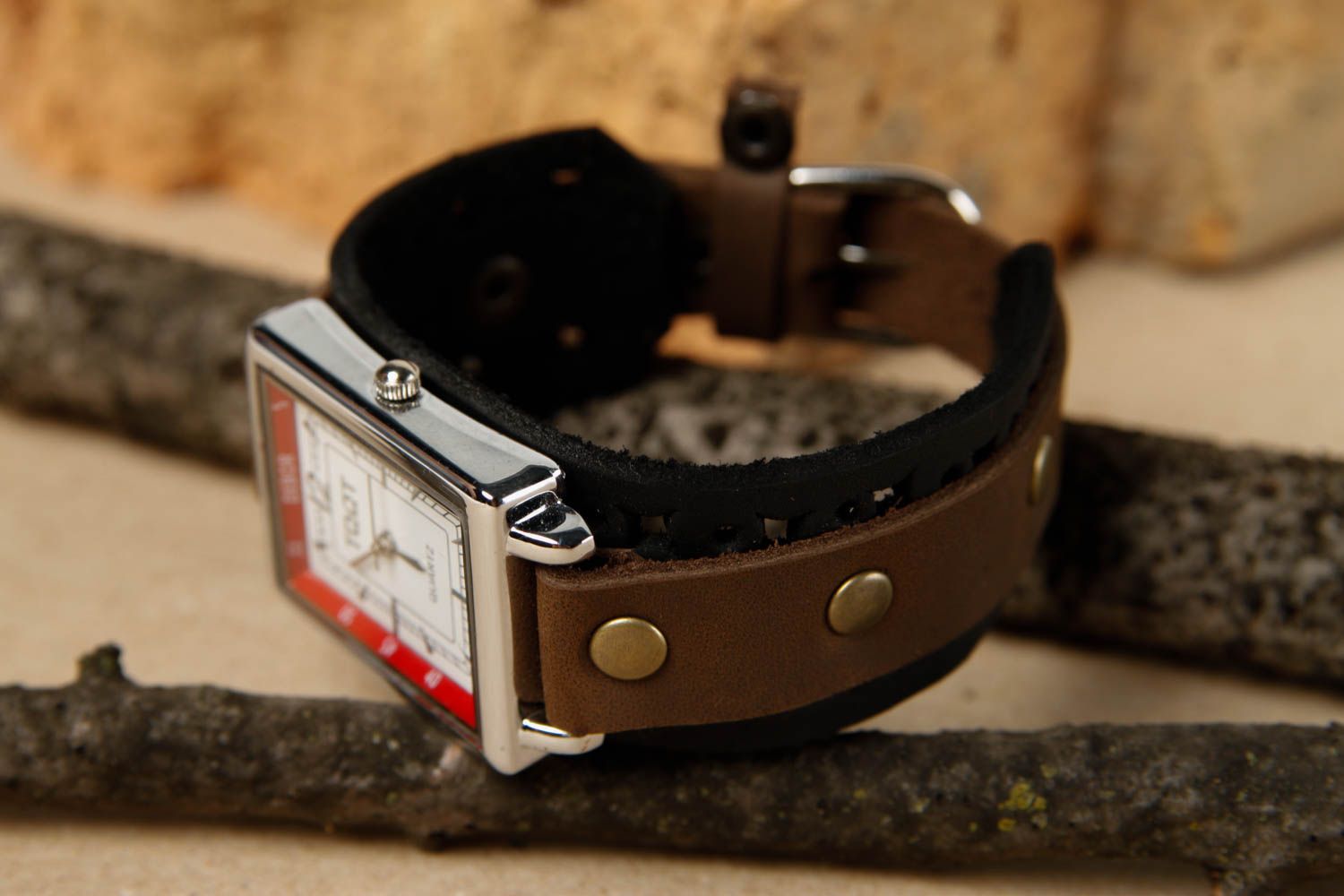 Bracelet cuir fait main Bracelet design large brun montre Accessoire en cuir photo 1