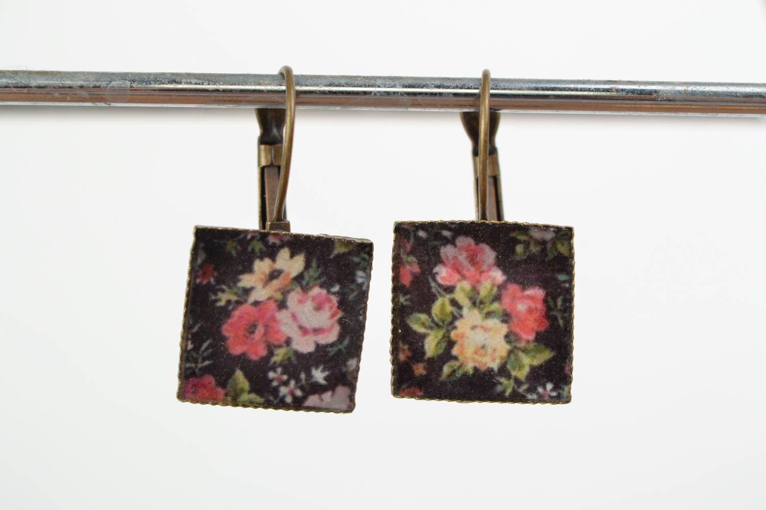 Handmade dark square decoupage earrings with floral pattern and English ear wires photo 2