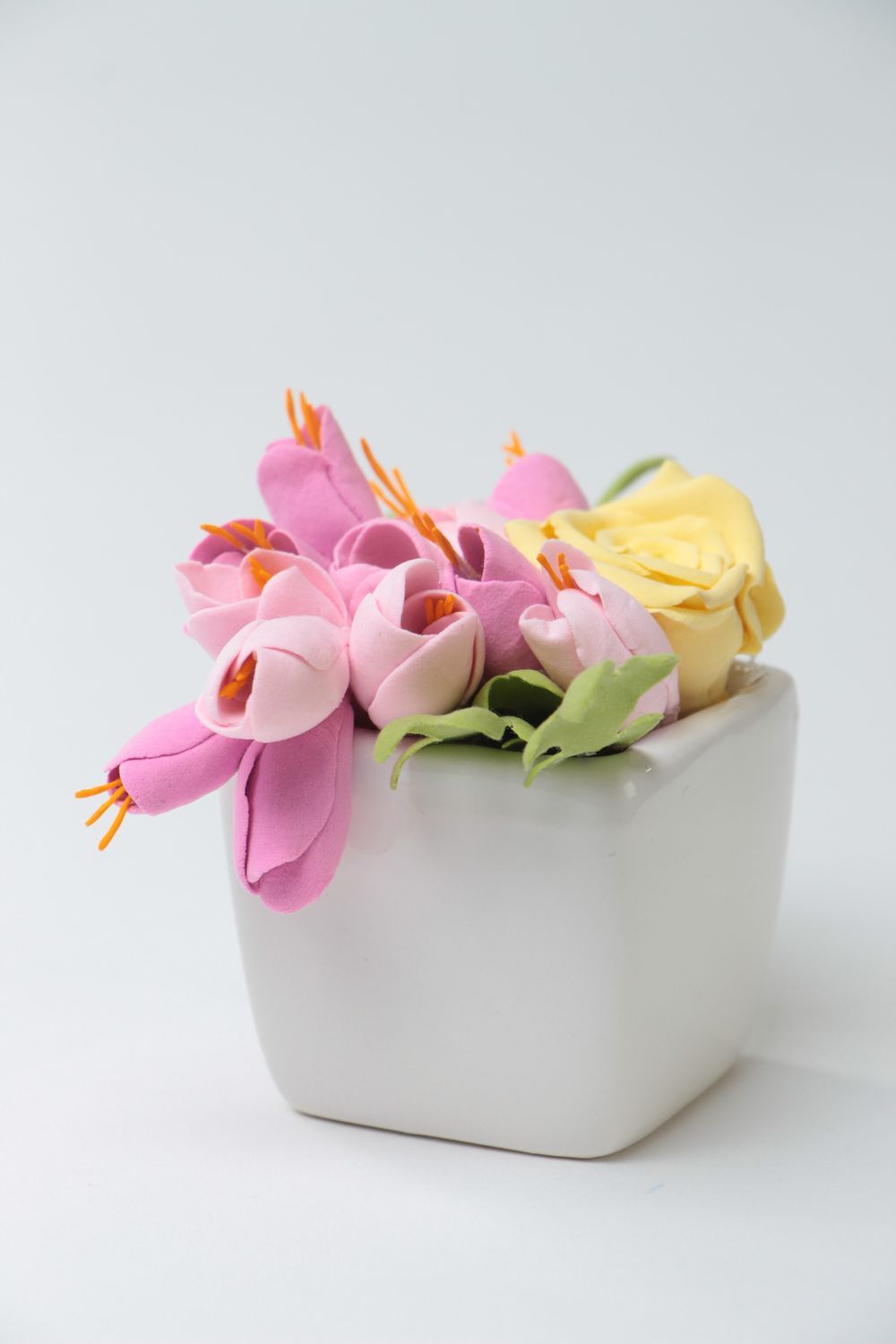 Beautiful handmade pink polymer clay flowers in pot interior composition photo 3