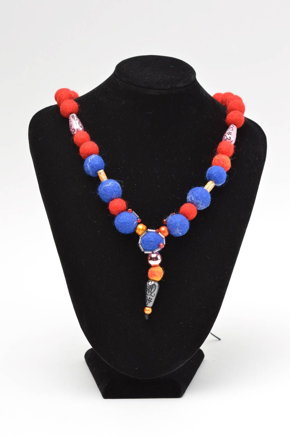 Handmade Halskette aus Wolle Damen Collier Accessoire für Frauen blau rot foto 1
