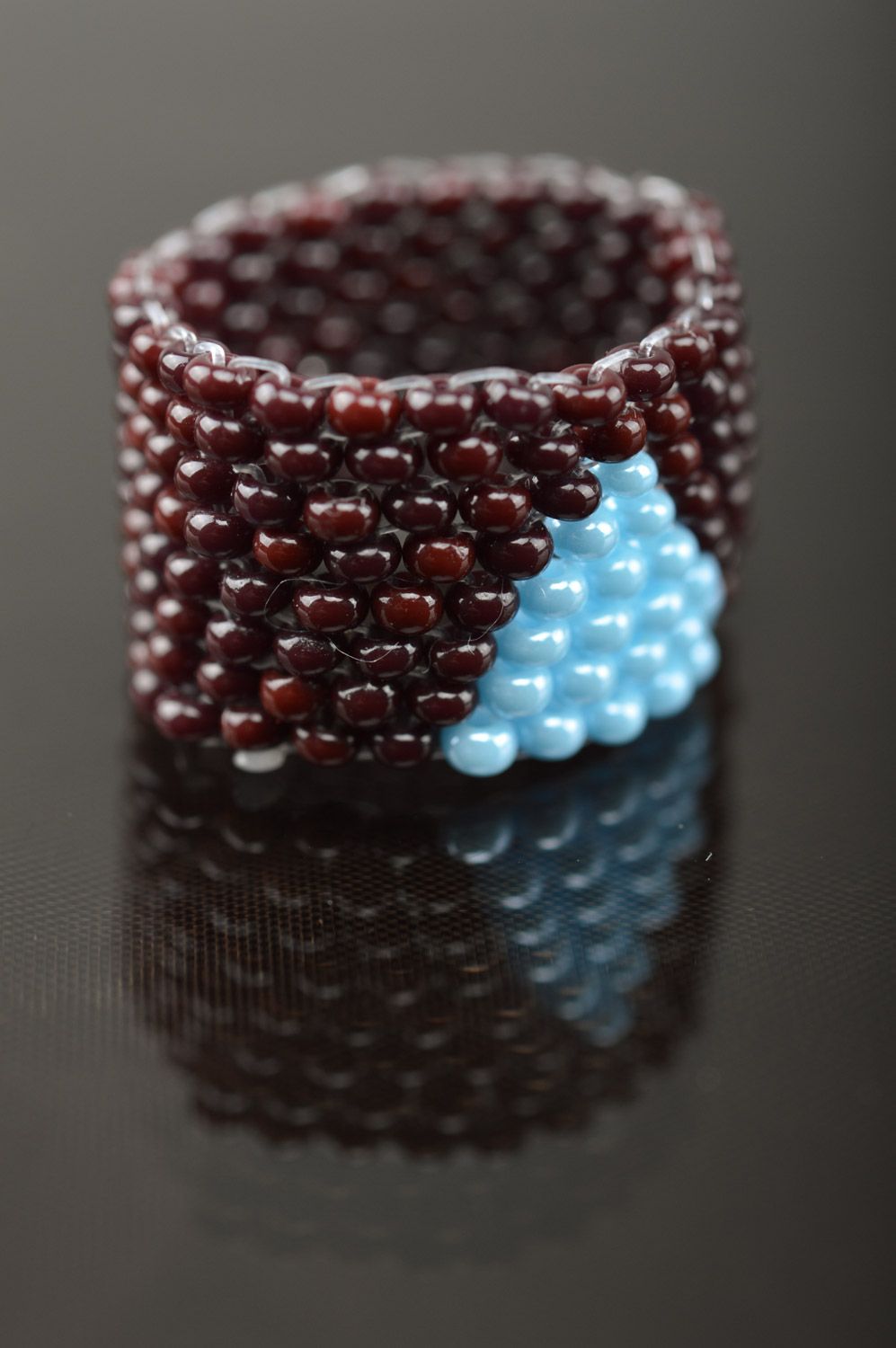 Laconic broad handmade ring woven of brads of brown and blue colors for women photo 2