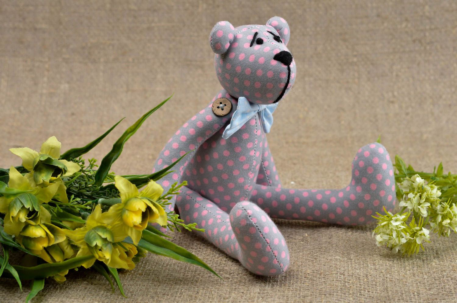 Jouet ours gris à pois rose Peluche faite main en coton Cadeau pour enfant photo 1