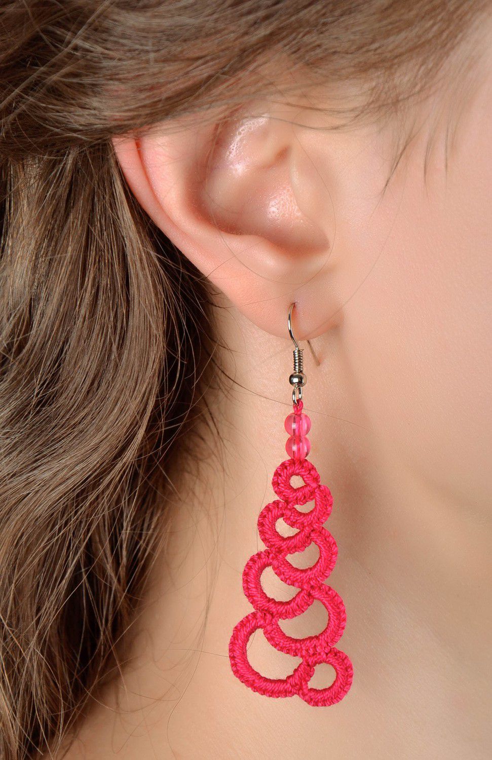 Crimson earrings made from woven lace photo 4