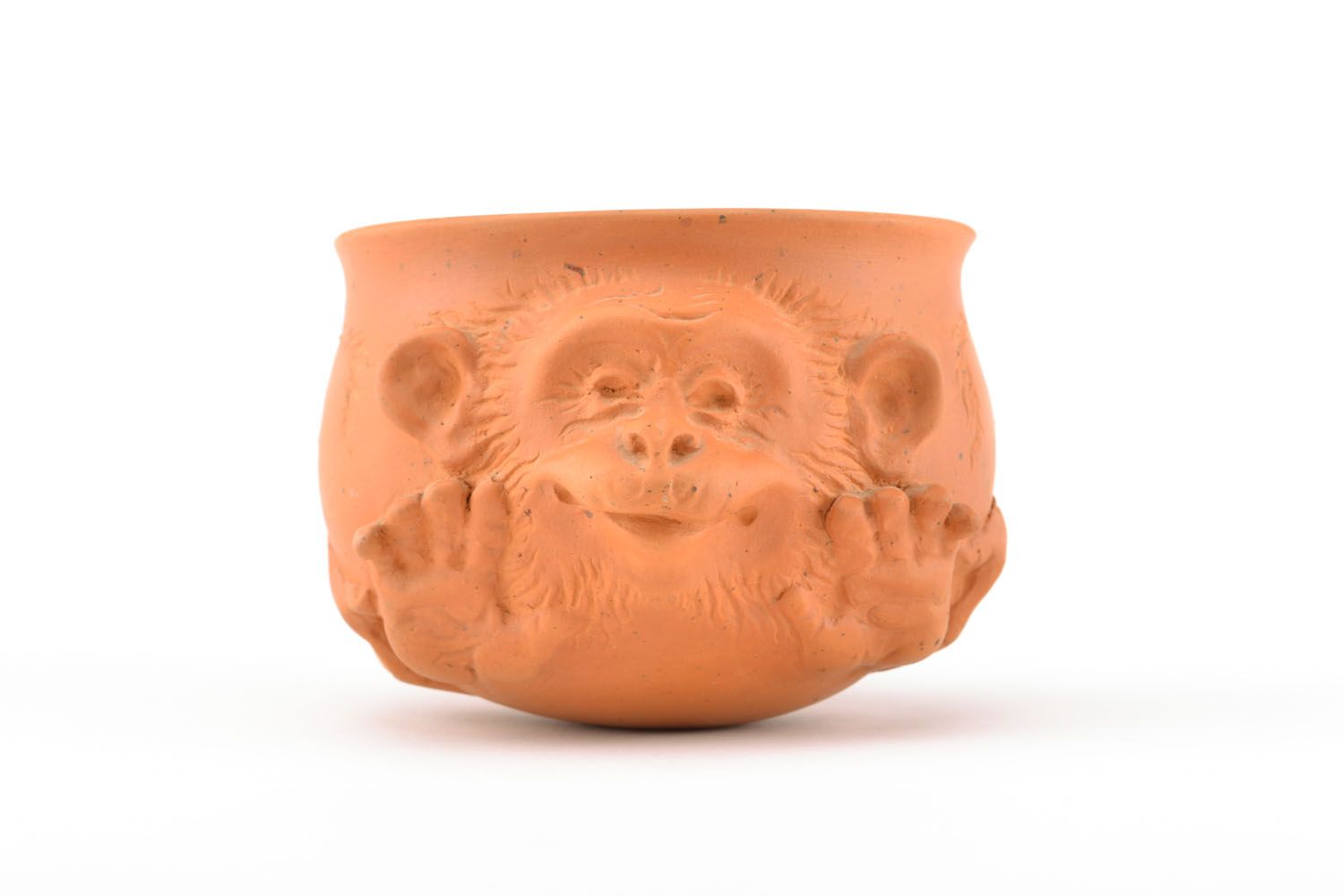 Art clay Mexican coffee cup with molded monkey face in terracotta color photo 1