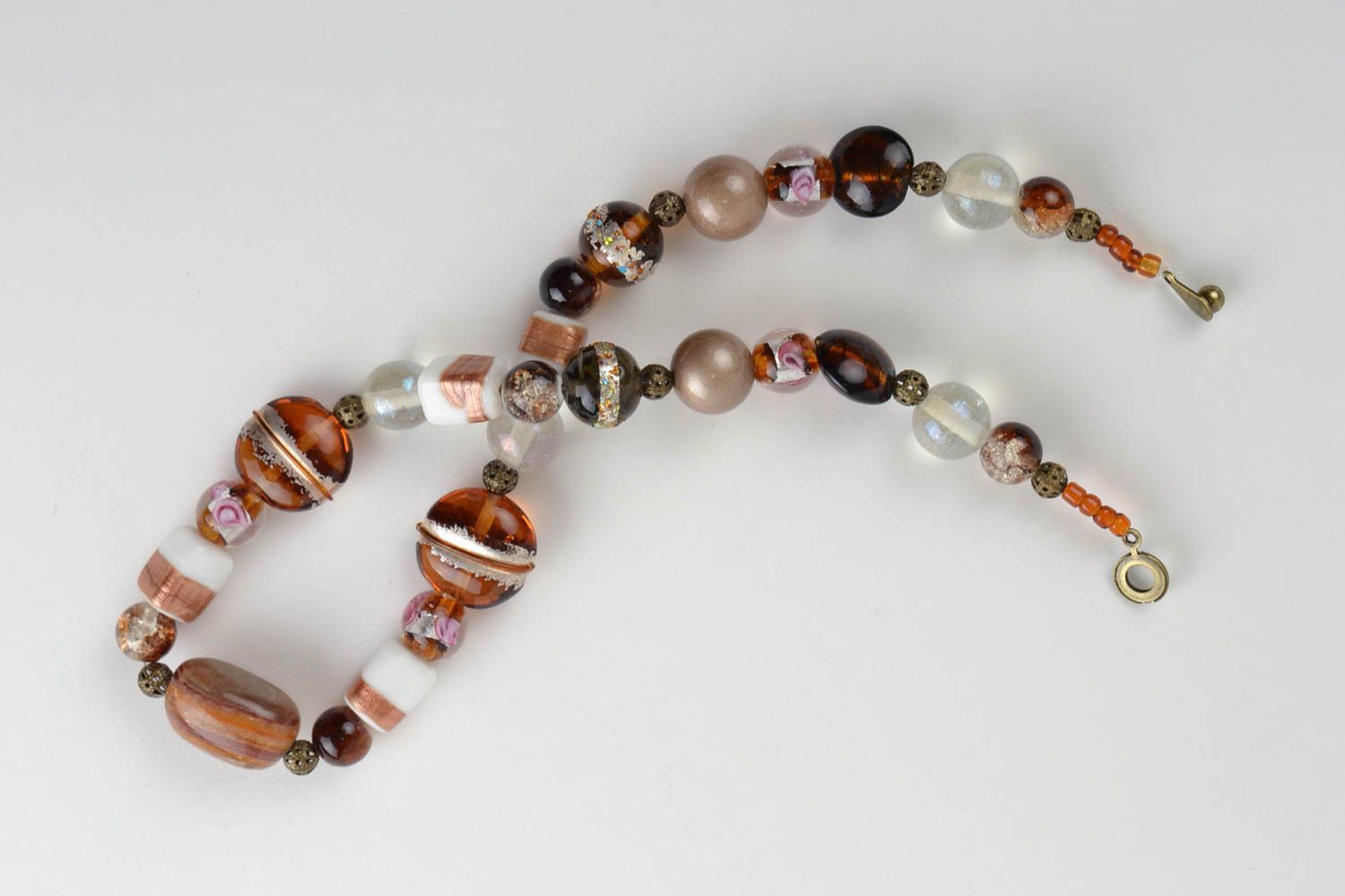 Handmade designer women's necklace with natural stone and glass brown and white photo 3