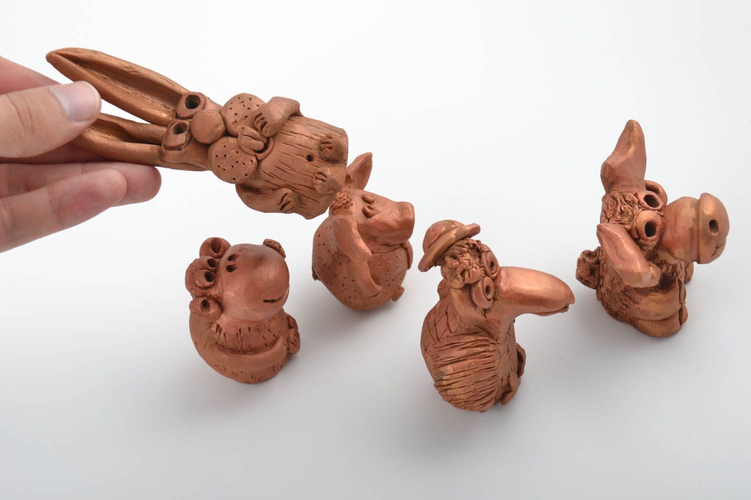Statuine fatte a mano in ceramica set di cinque animali divertenti piccoli foto 4