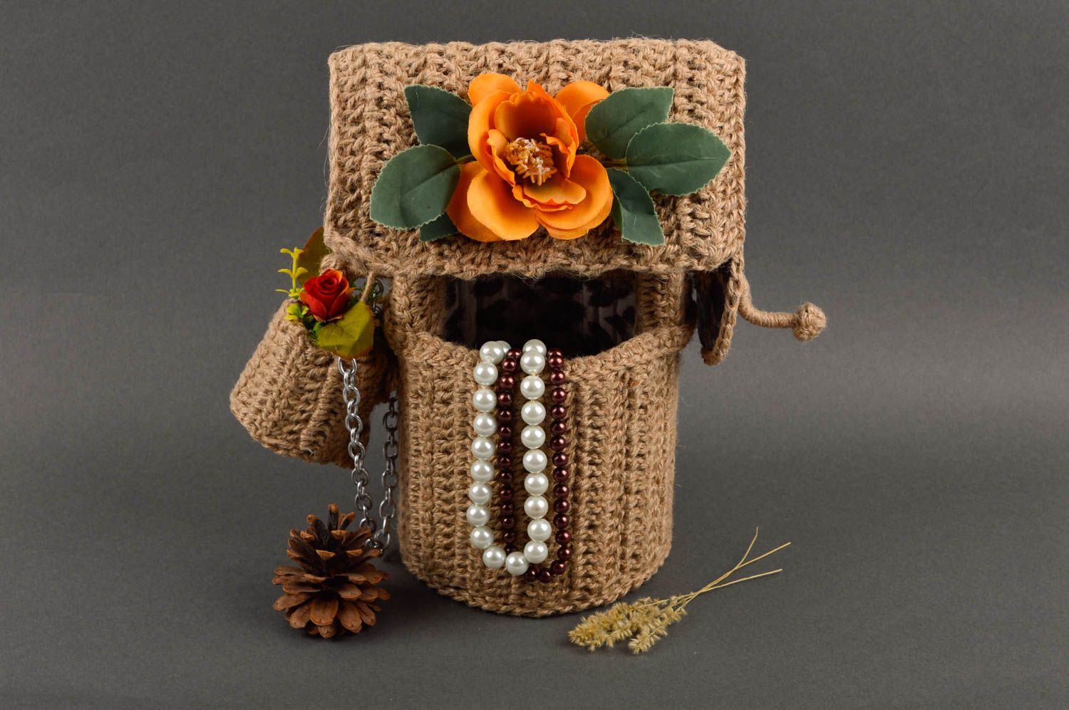 Pozo artesanal de cordel con flor naranja decoración de interior regalo original foto 1
