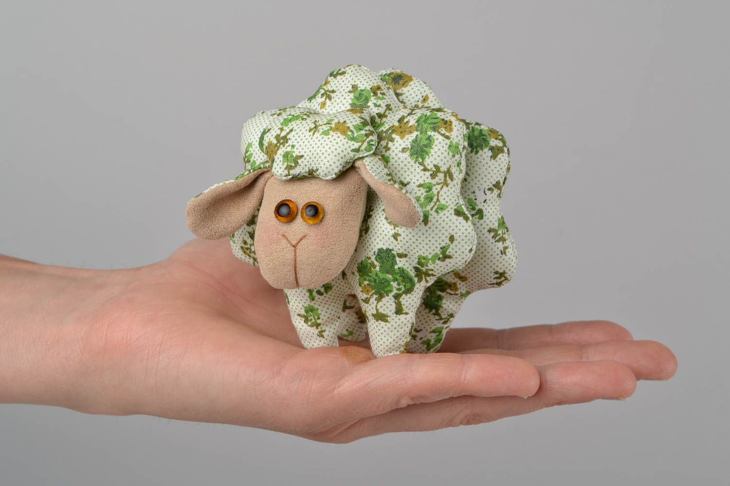 Handmade small funny soft toy sewn of faux suede in the shape of green lamb photo 2