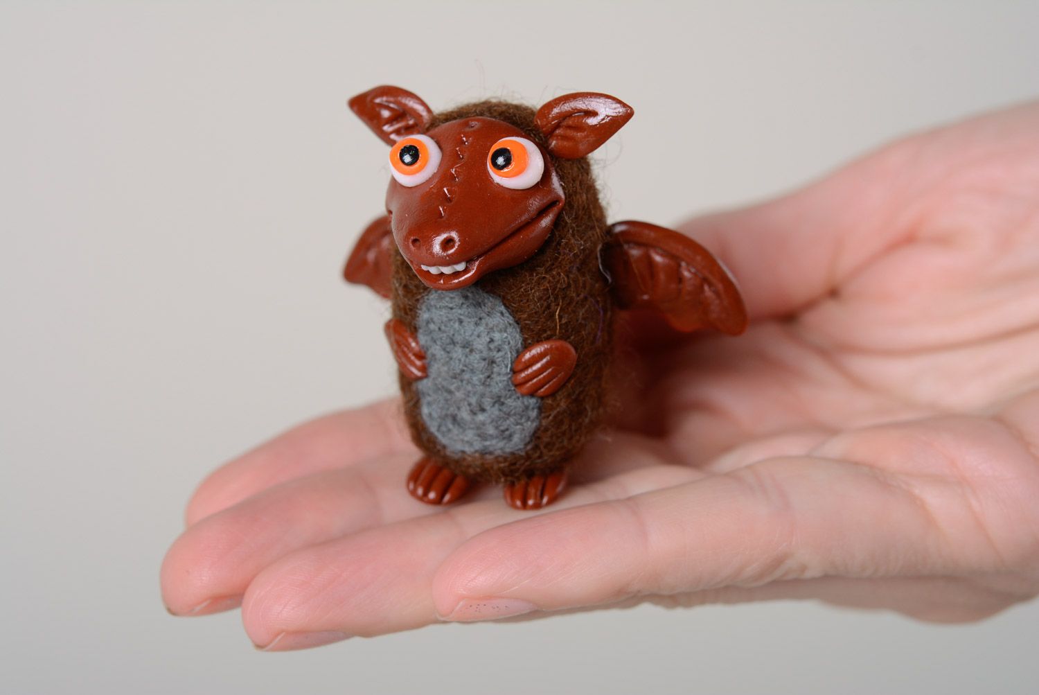 Handmade decorative cute miniature toy made of felted wool and polymer clay Dragon photo 3