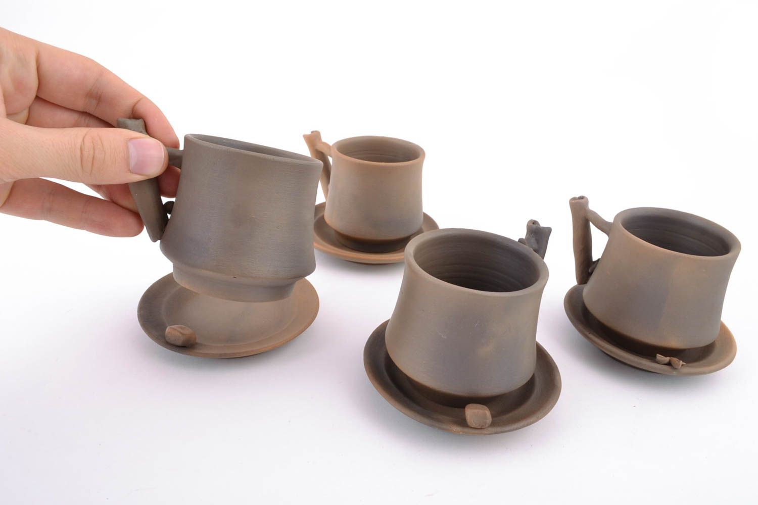 Set of clay brown art no pattern coffee 3 oz cups with handles and saucers photo 2