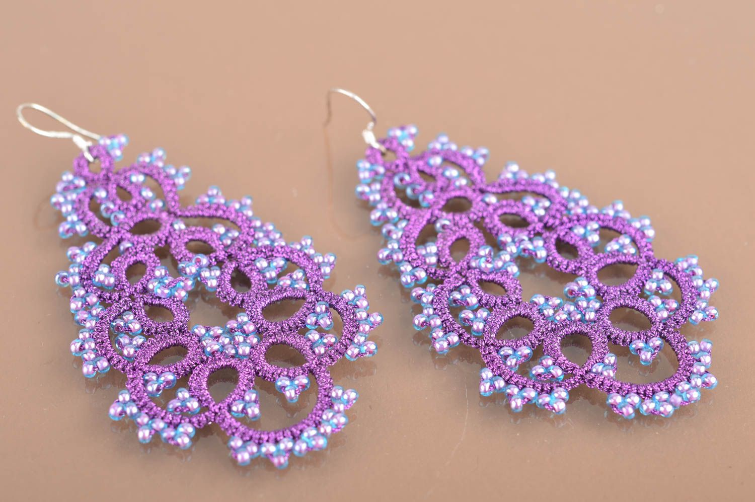 Handmade designer massive lace drop tatted dangle earrings of violet color photo 2