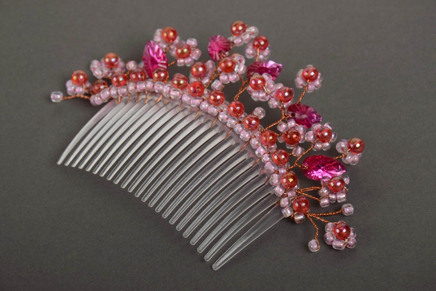 Beautiful handmade plastic hair comb with beads and flowers photo 5