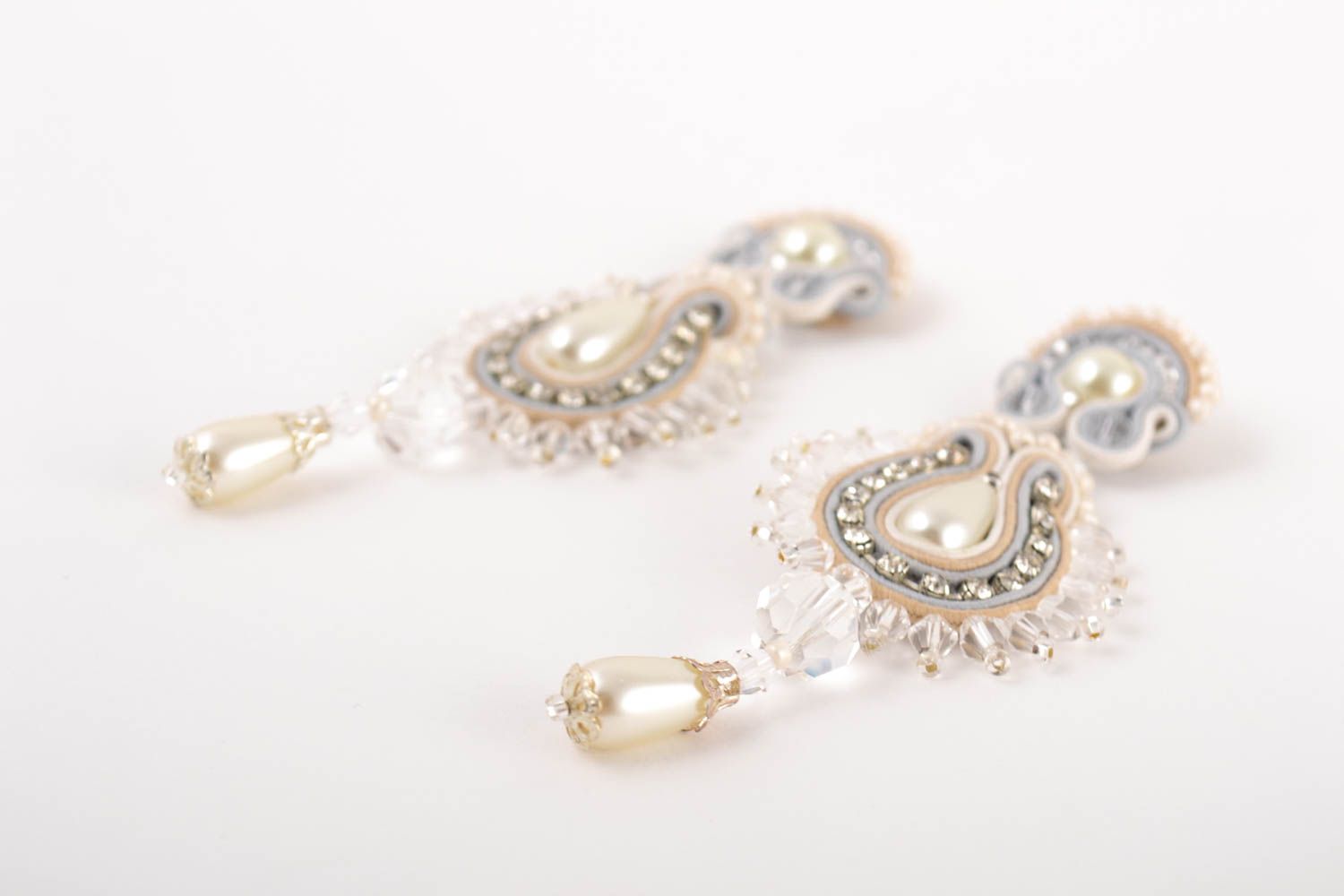 Handmade soutache earrings designer dangling earrings white festive jewelry photo 4