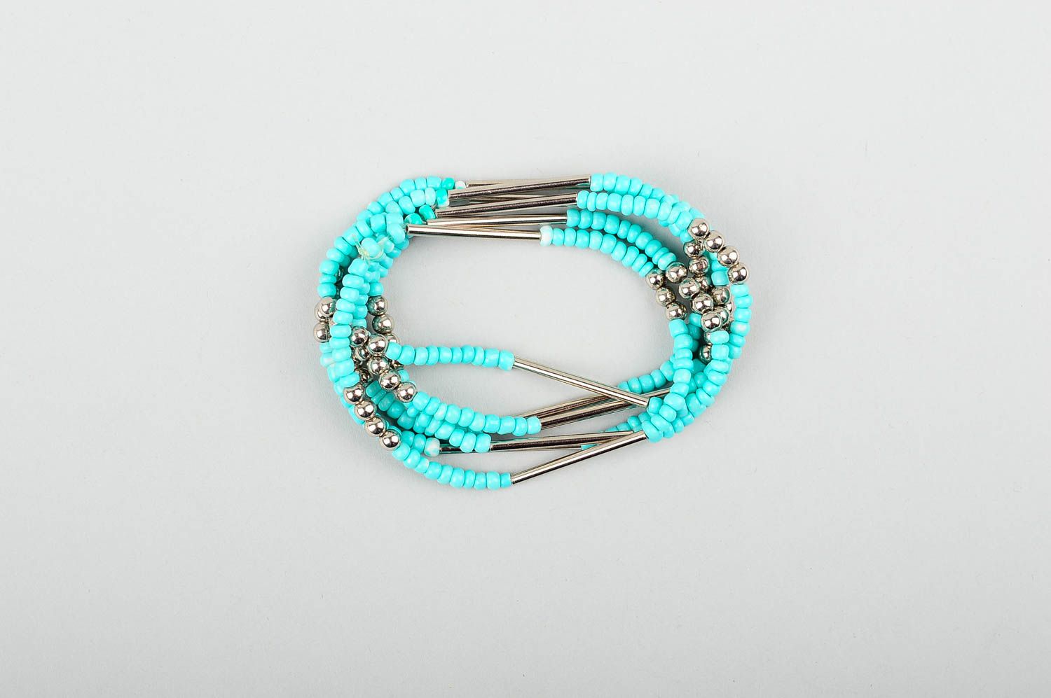 Five-layers wrist charm turquoise beaded bracelet with metal inserts for women photo 1