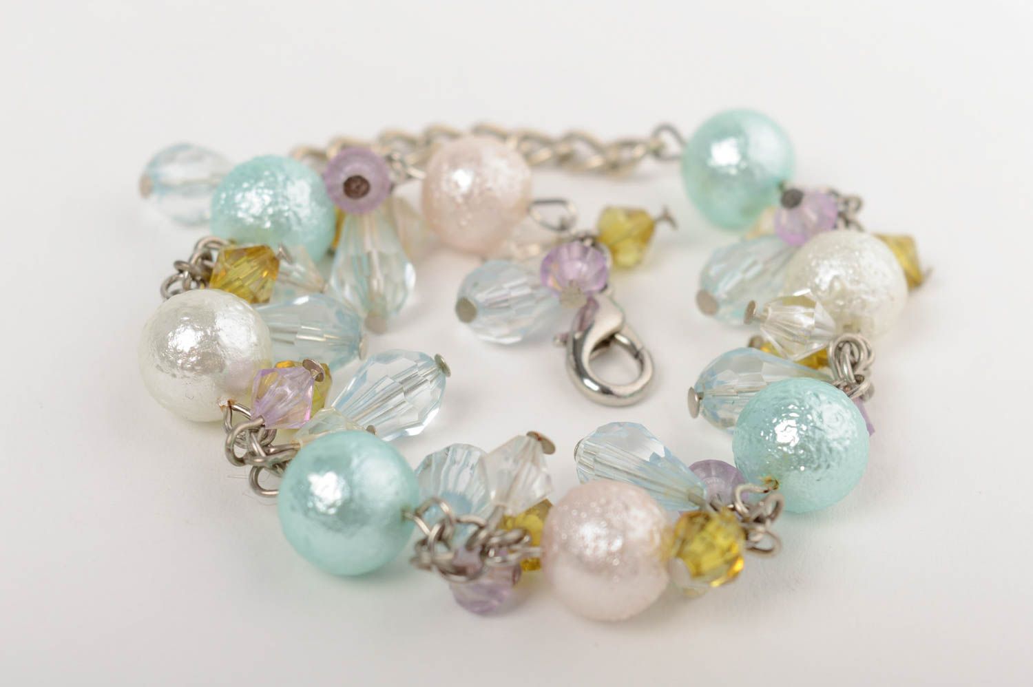 Handmade designer wrist bracelet with ceramic pearls and Czech crystal charms photo 4
